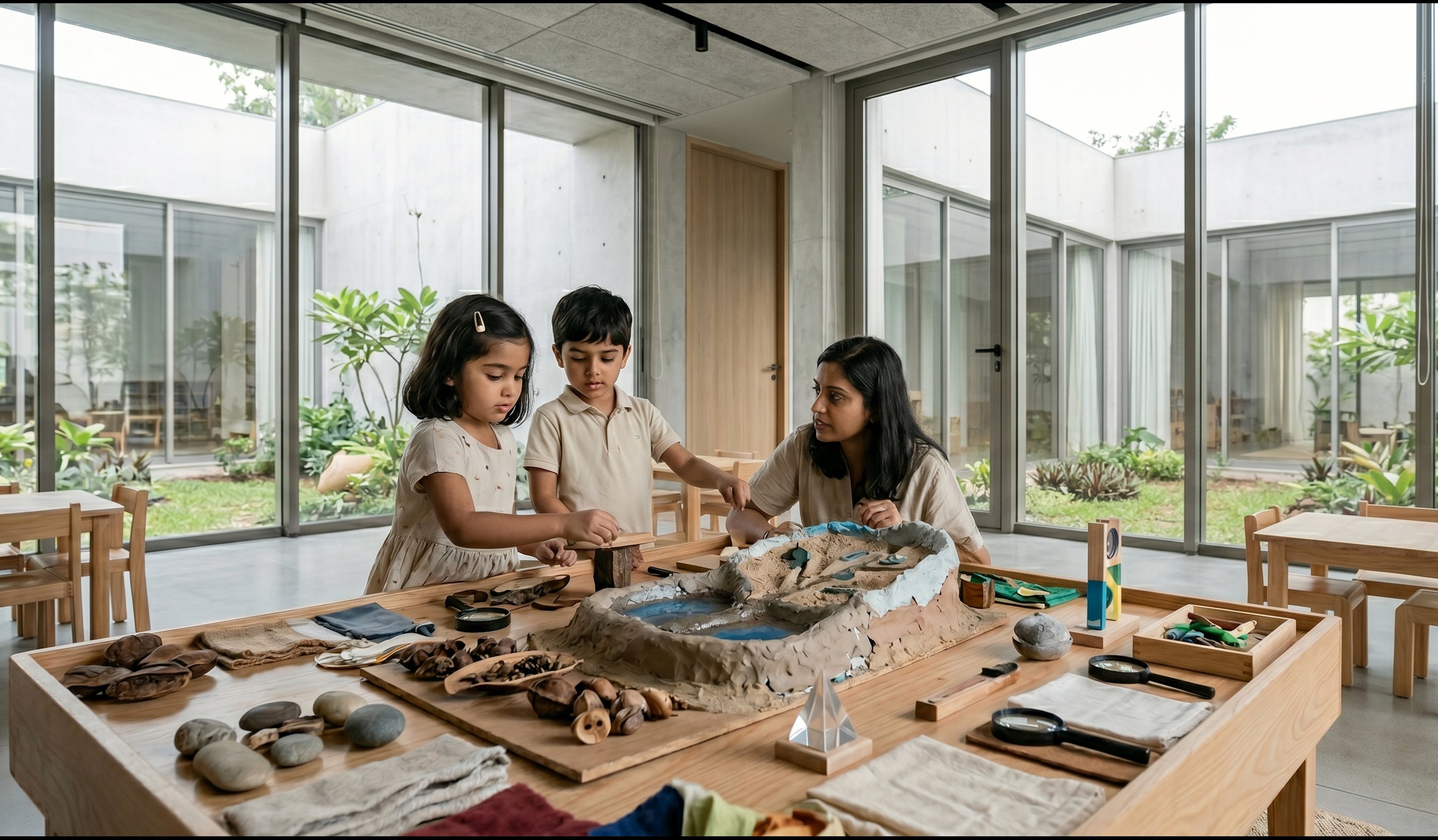 Children exploring natural materials with an educator at Kawa Early Years